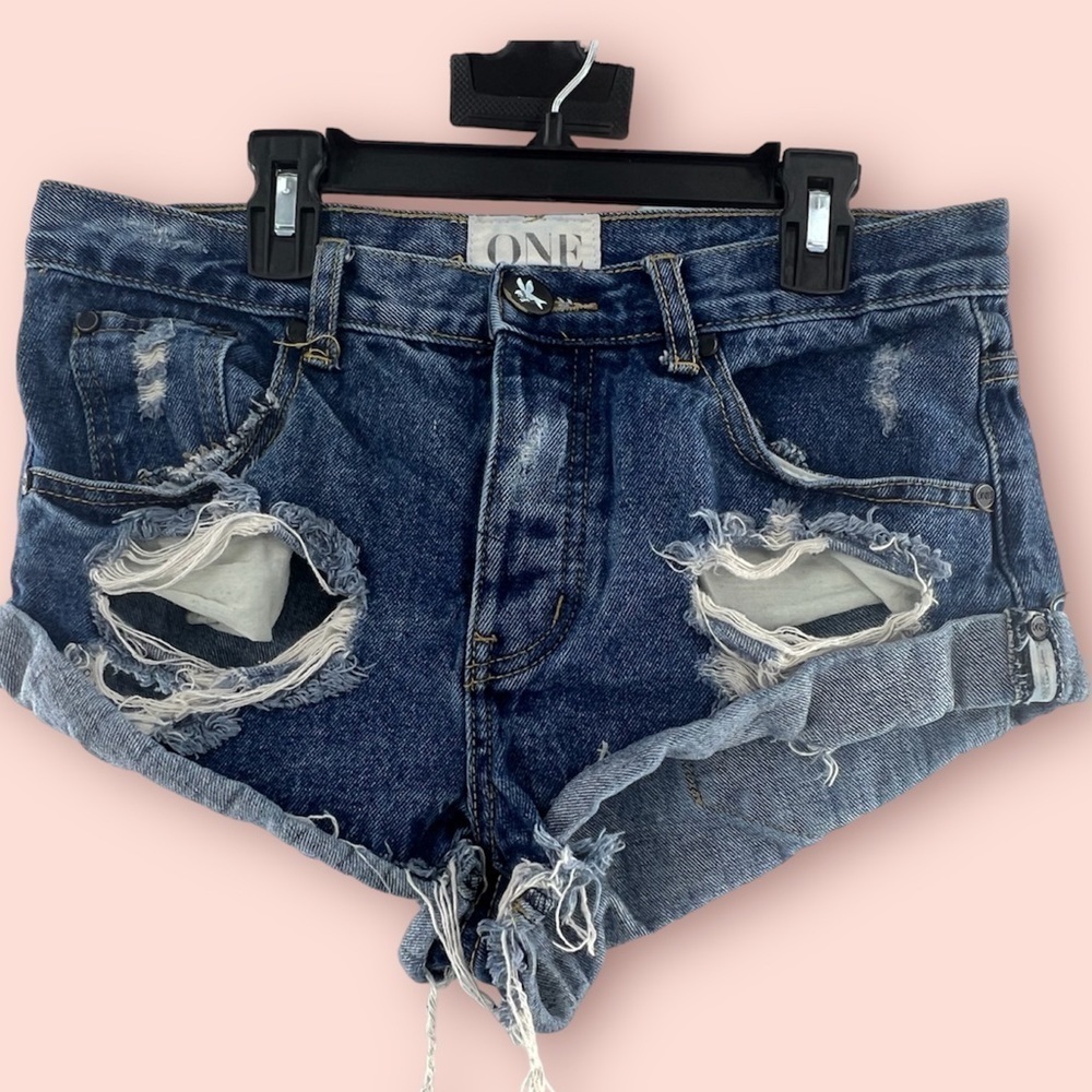 ONE TEASPOON BUTTON FLY DESTROYED CUFFED DENIM SHORTS 25